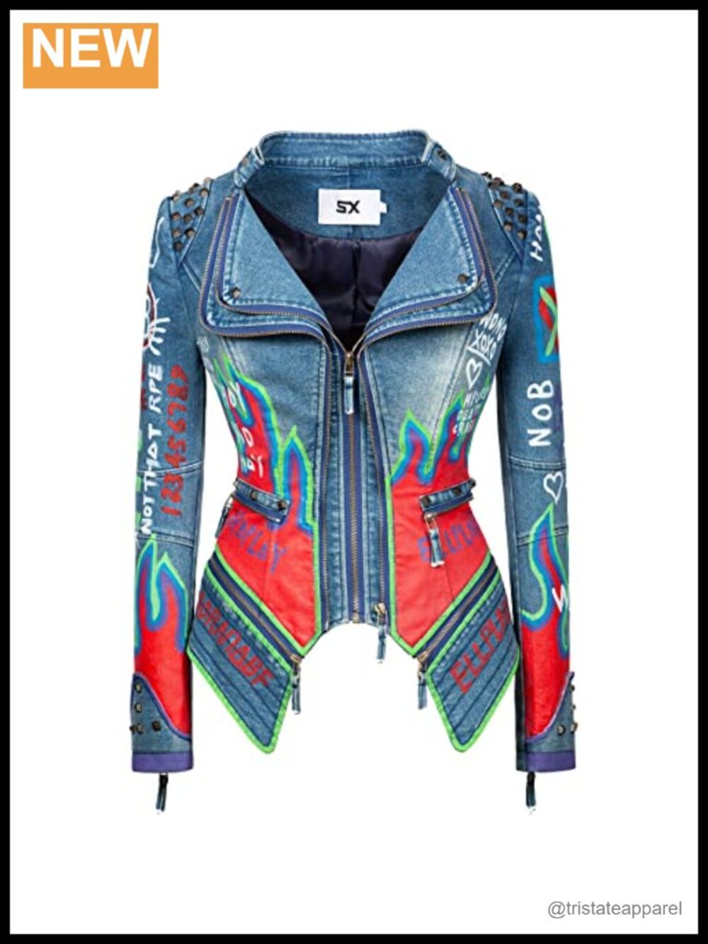 Women's Hand-Painted Denim Motorcycle Jacket with Rivets